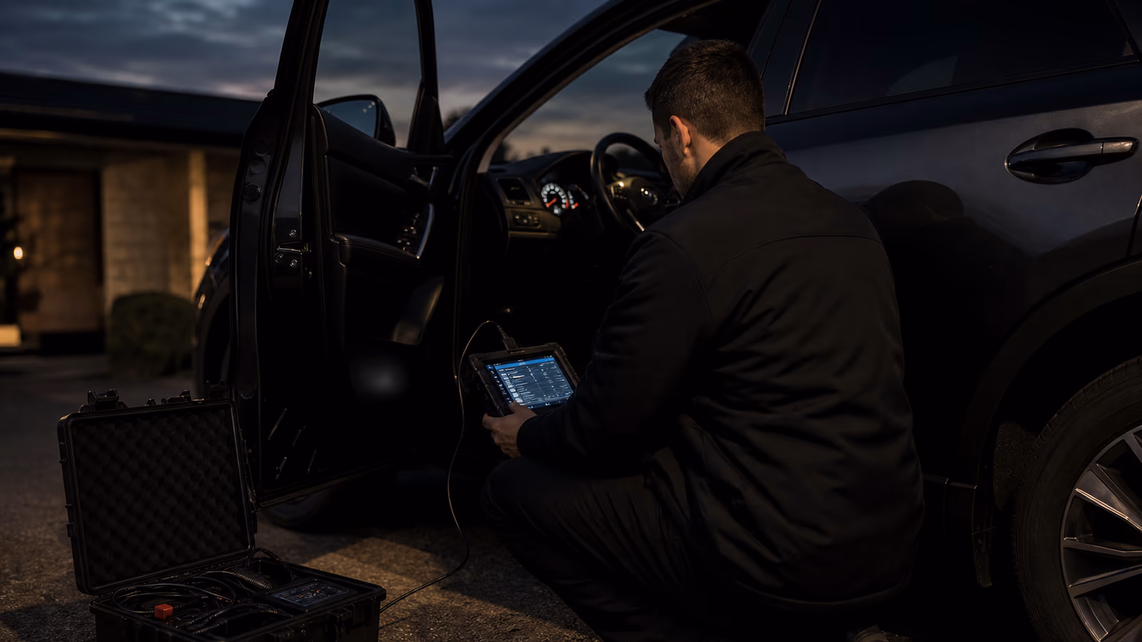 Mobile technician programming a vehicle key beside a car